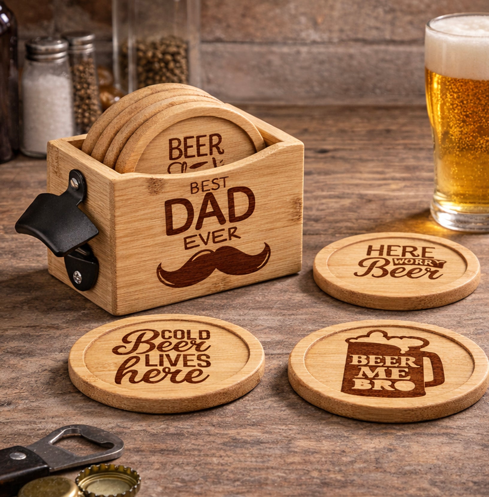 Personalized Beer Coaster Set with Wooden Holder – 6 Piece