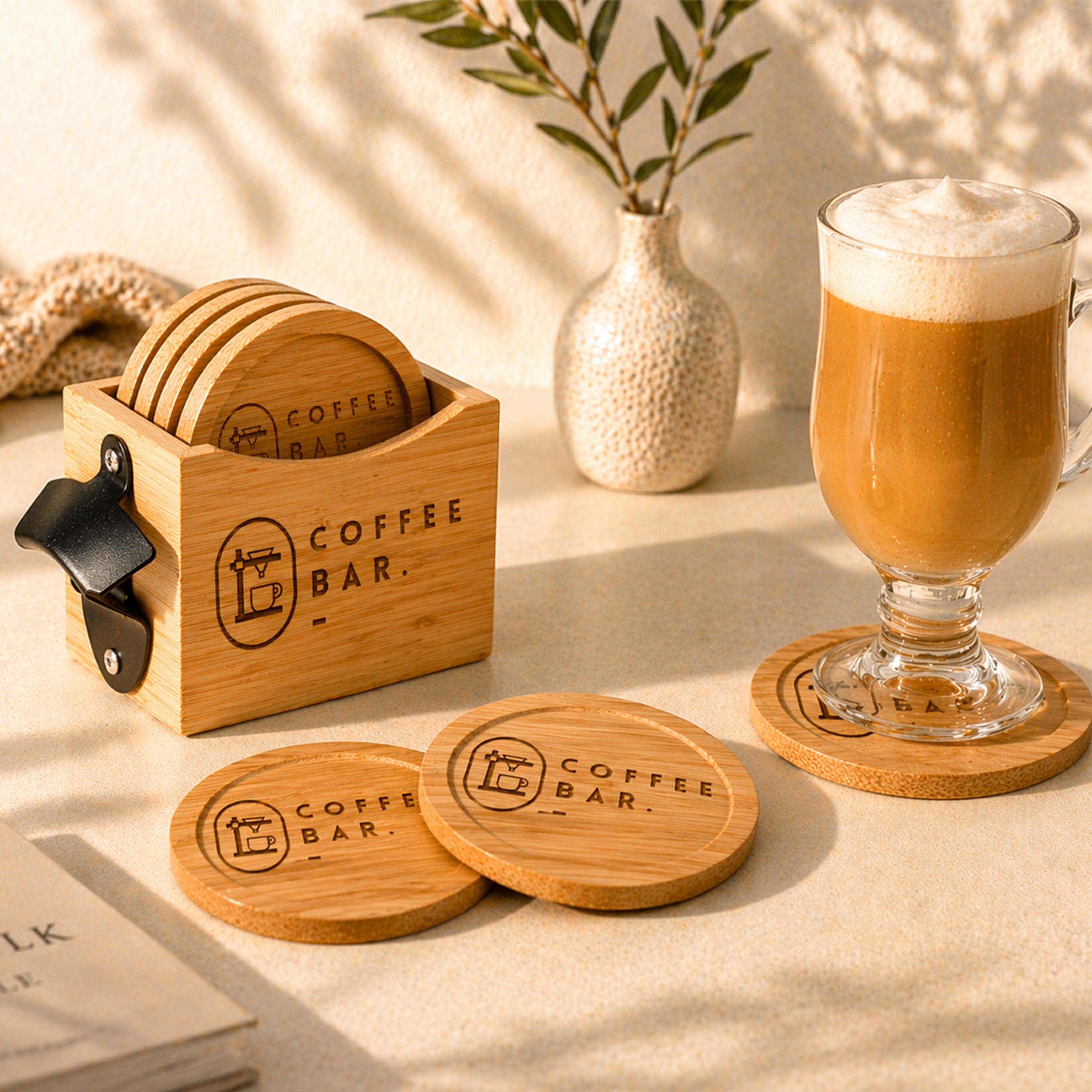 Premium Bamboo Coaster Set with Holder; Corporate Gifts for Companies