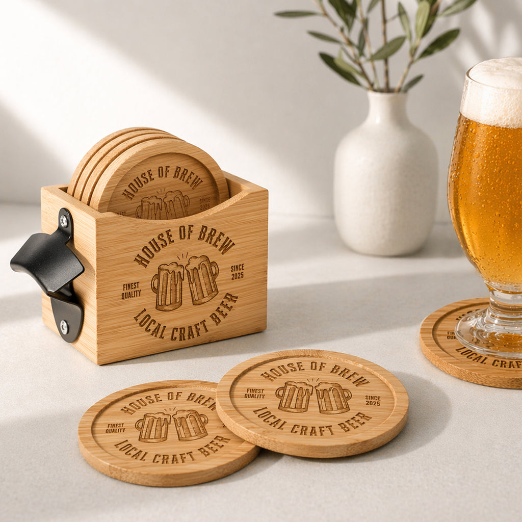 Premium Bamboo Coaster Set with Holder; Corporate Gifts for Companies