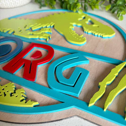 Wooden Personalised Dino Wall Plaque, Colourful