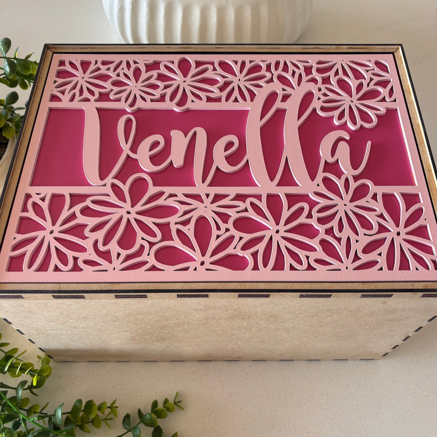 Personalized Laser Cut Wooden Keepsake Box With A Flower Design