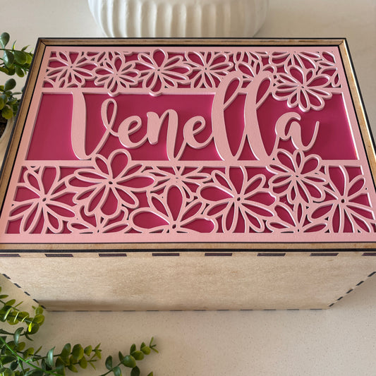 Personalized Laser Cut Wooden Keepsake Box With A Flower Design