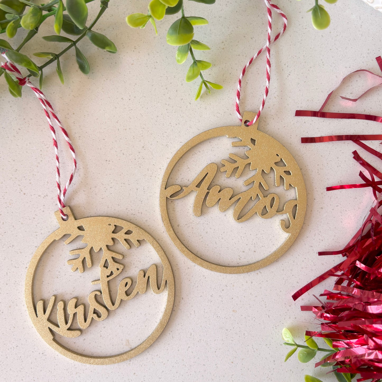 Personalized Wooden Gold Baubles With A Snow Flake Design