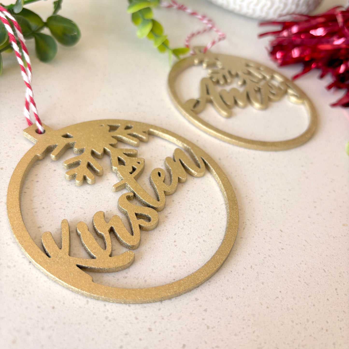 Personalized Wooden Gold Baubles With A Snow Flake Design