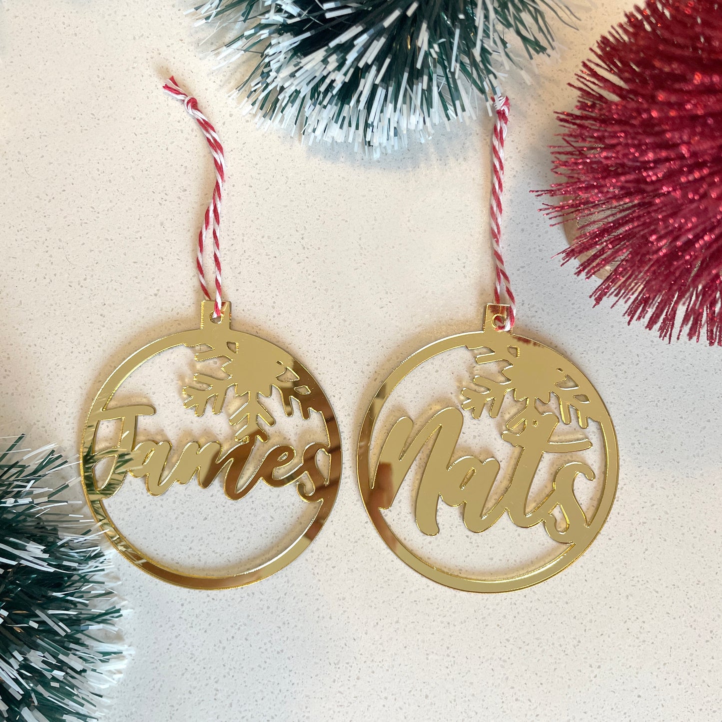 Wooden Gold personalized snow baubles