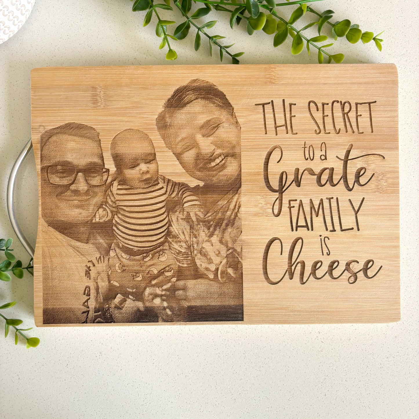 "The secret to a grate family is cheese" photo engraved personalised cutting board