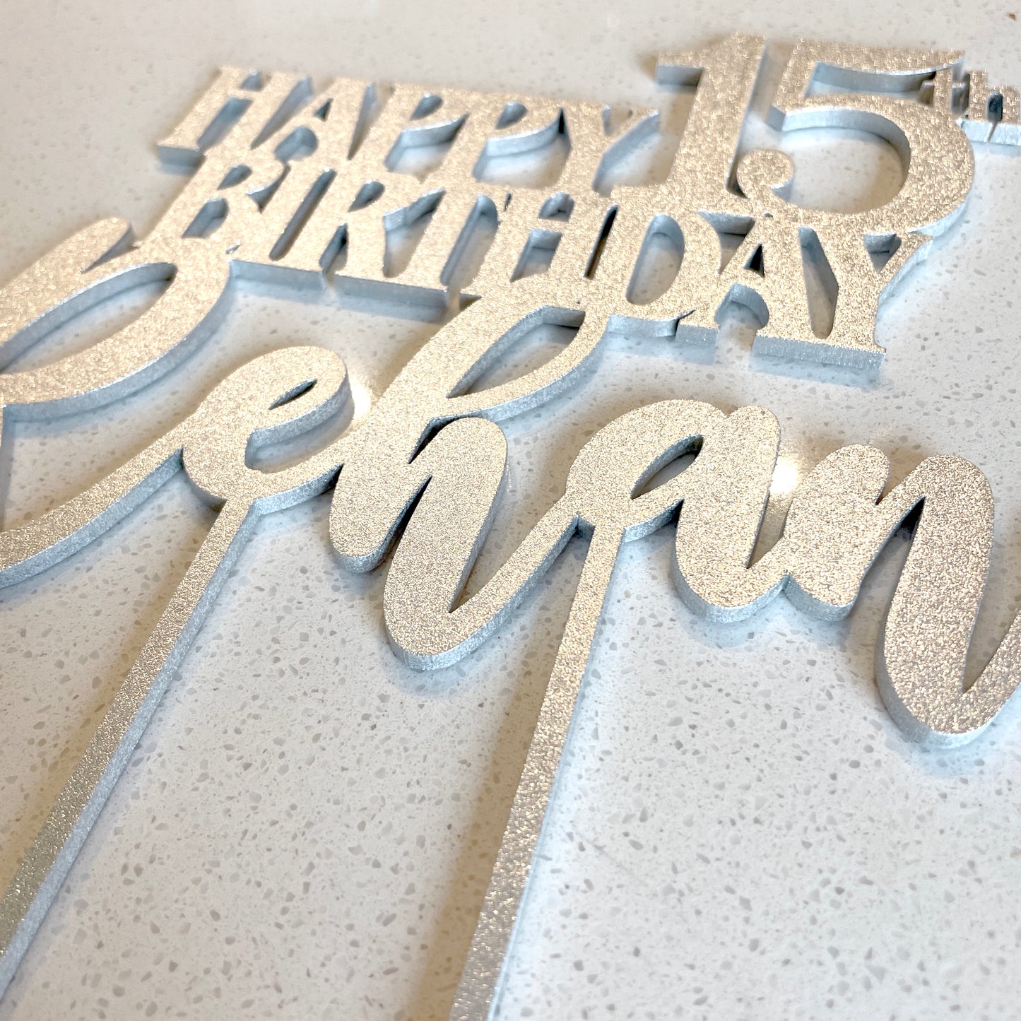 Personalised wooden birthday cake topper for a Guy