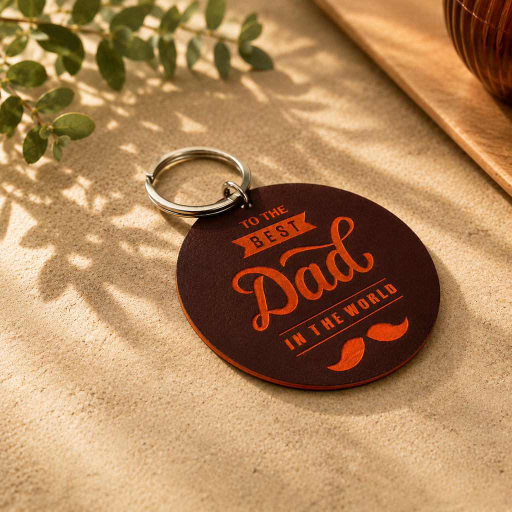 Engraved leather keyring with orange contrast