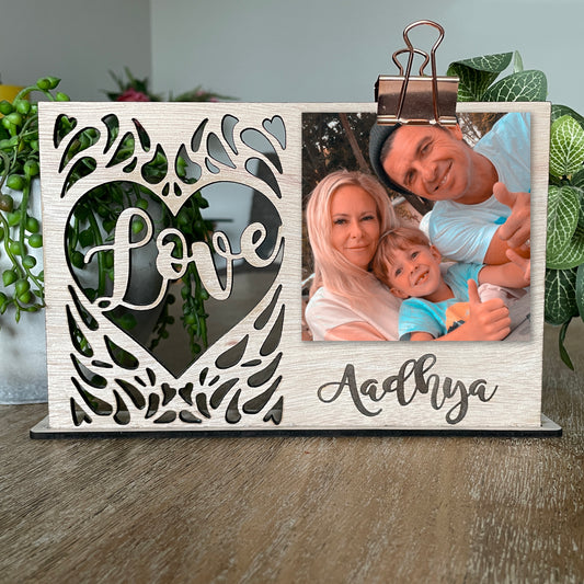 'Love' personalised wooden photo holder engraved