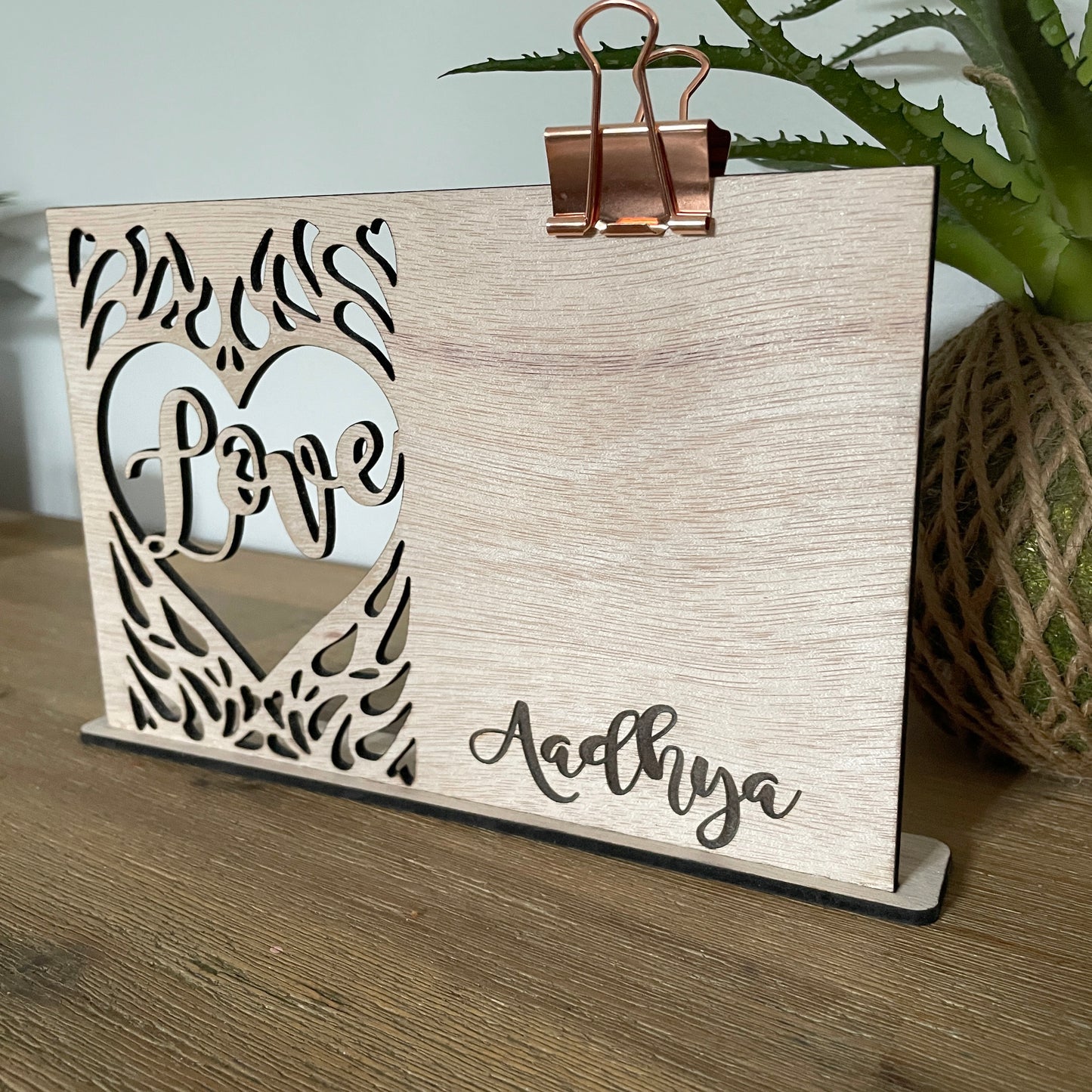 'Love' personalised wooden photo holder engraved