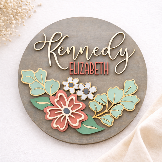 Personalised Wooden Round Floral Name Plaque