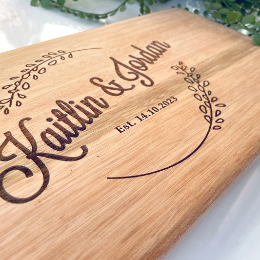 Personalized engraved wreath cheese paddle - 56cm long