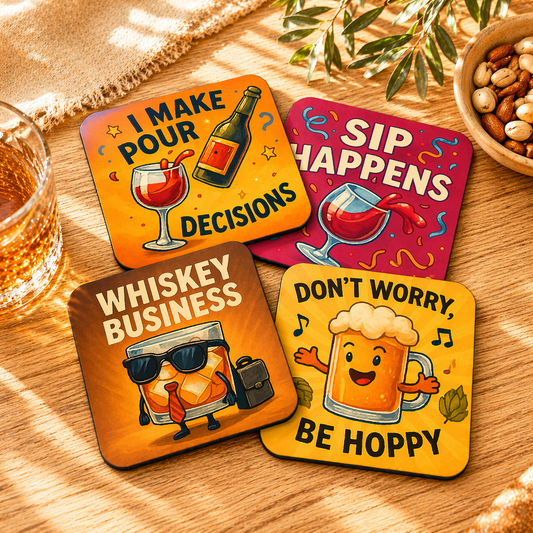 Funny Bar Coasters Set of 4 – Whiskey, Wine & Beer Designs