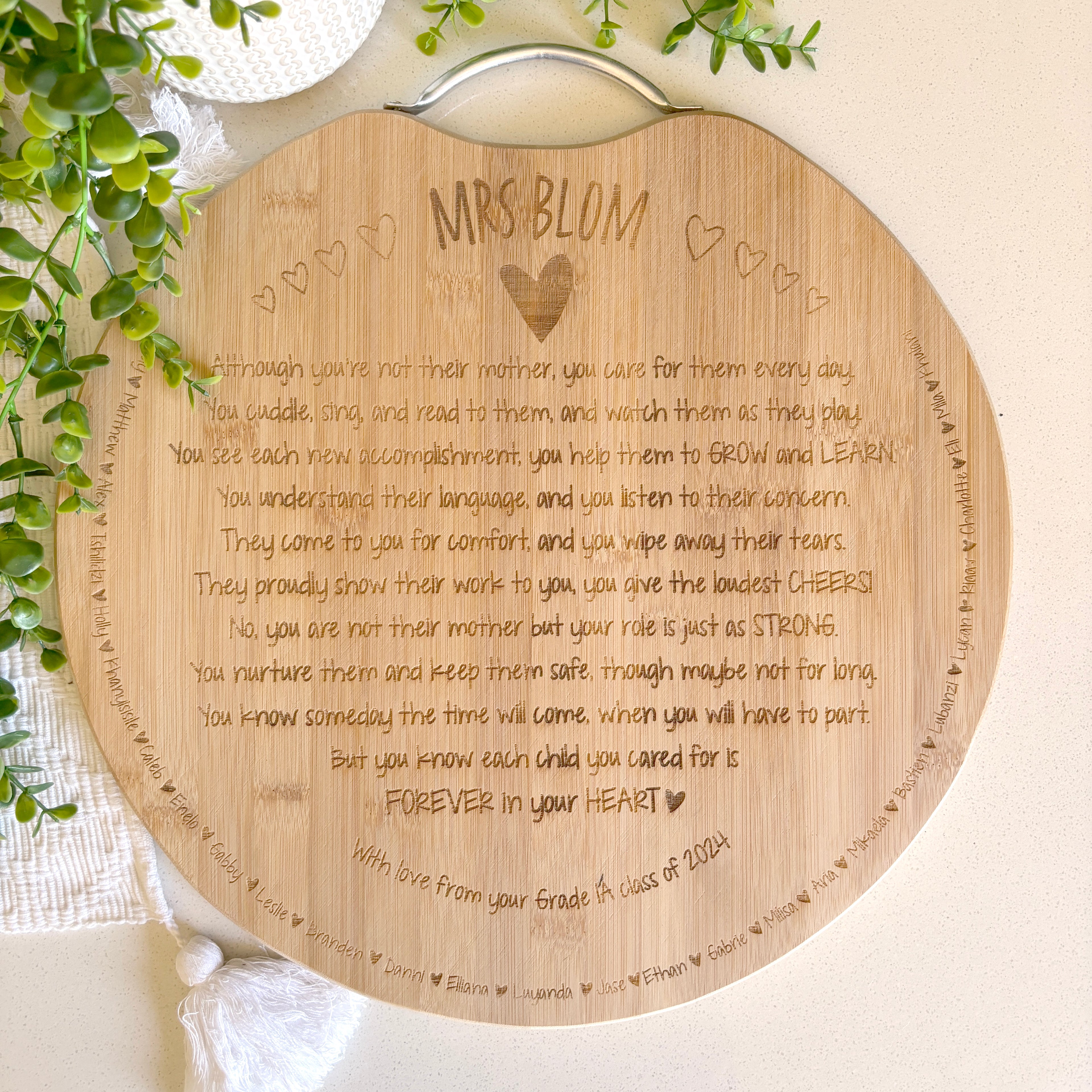 Personalised engraved round board with a lovely poem for Teachers; Teacher Appreciation gifts