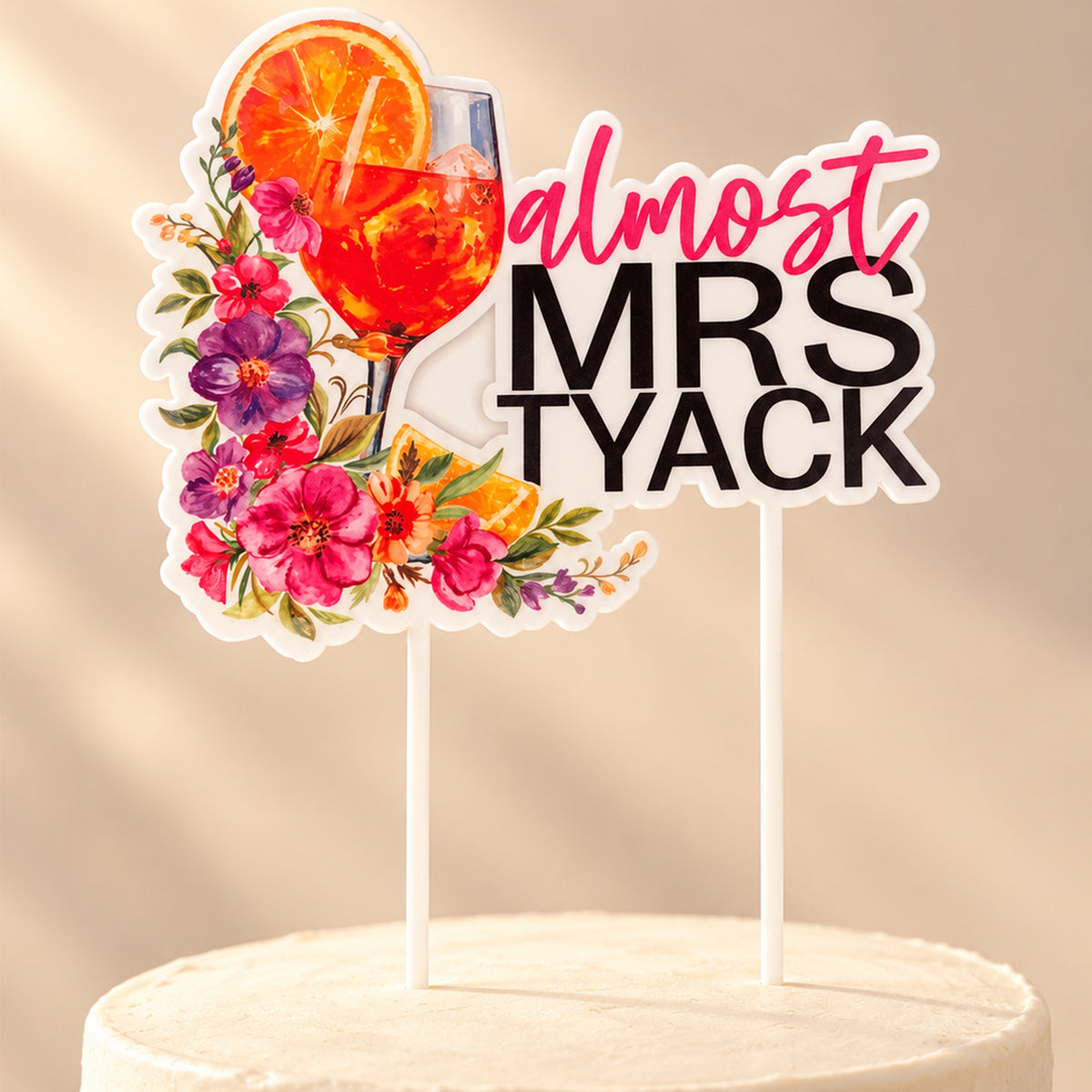 Personalised Almost Mrs Cake Topper – Floral Cocktail Design