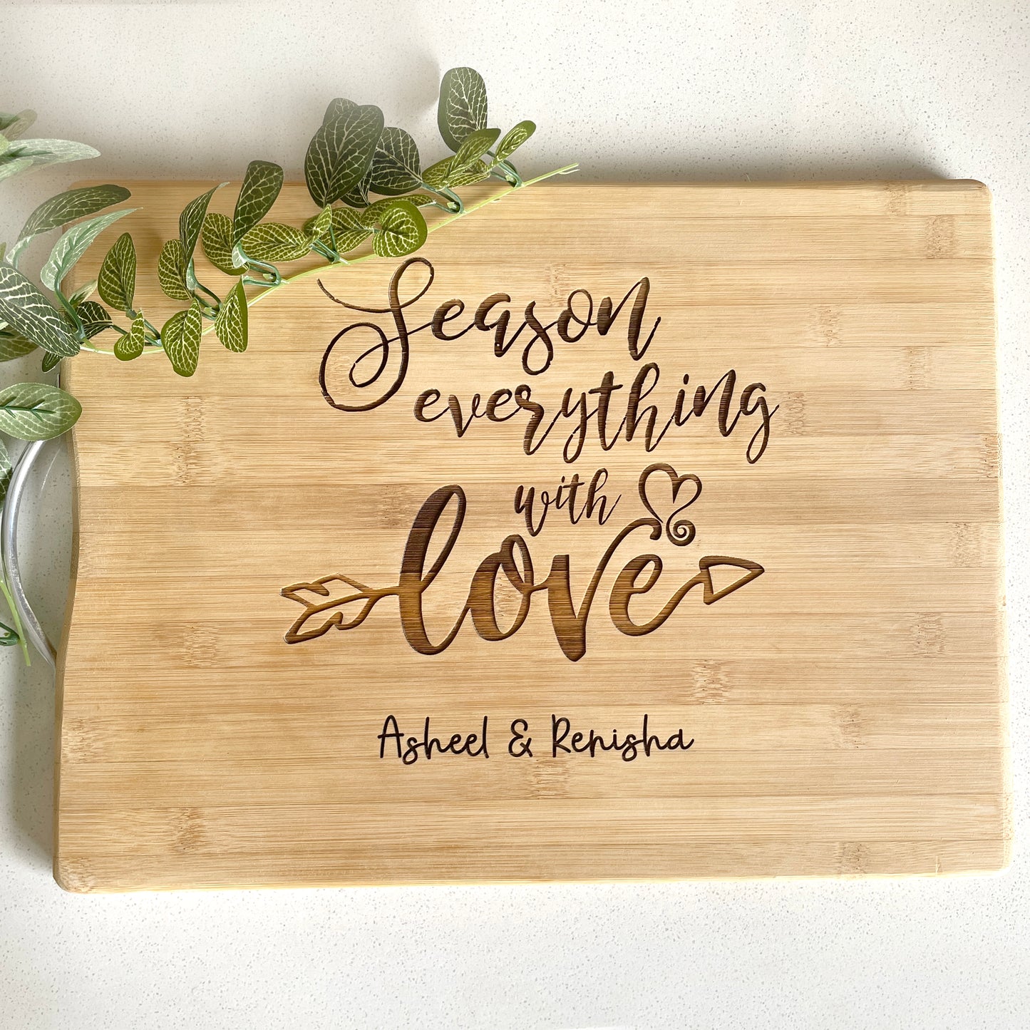"SEASON EVERYTHING WITH LOVE" personalised engraved cutting board