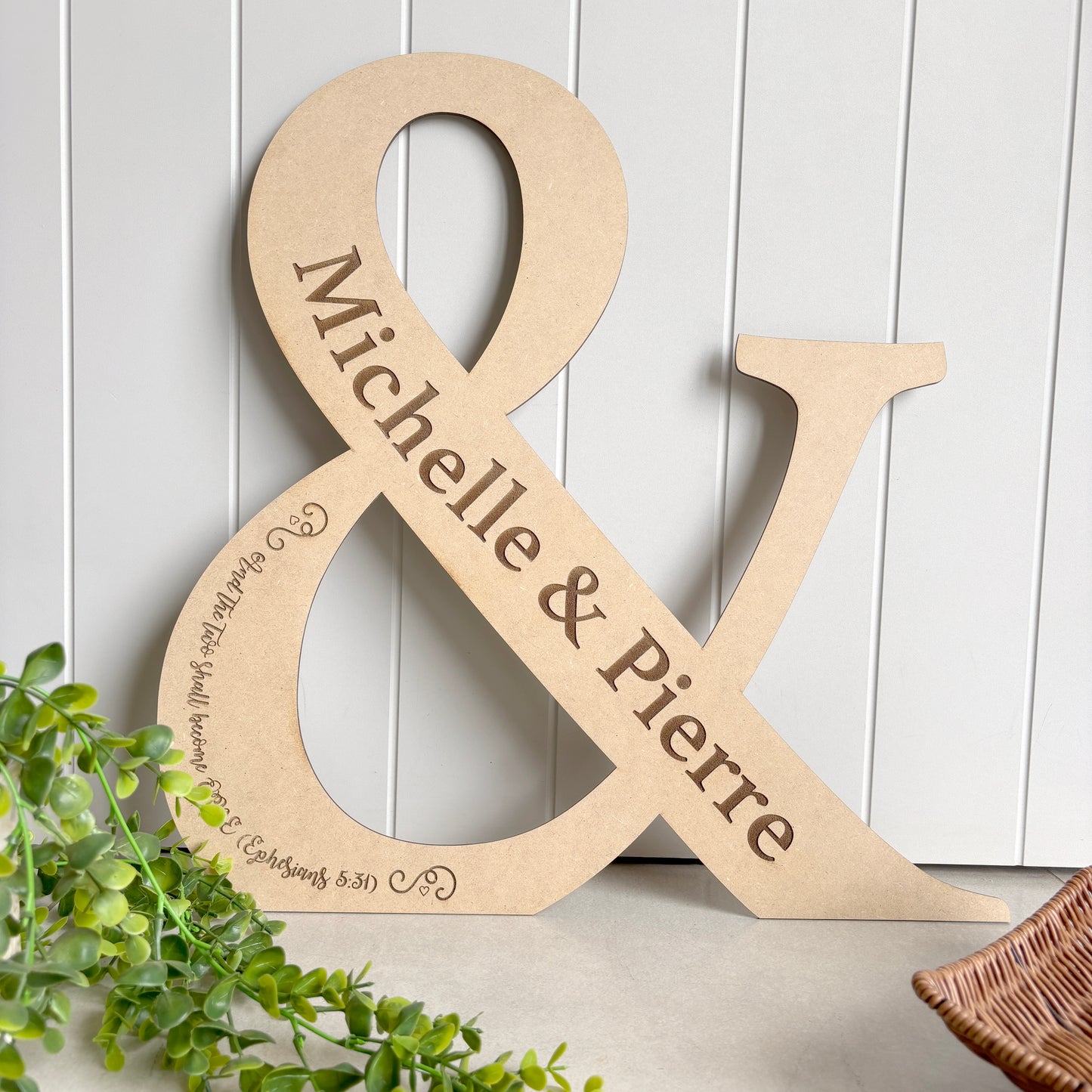 Wooden Wedding Sign Lasercut in the "&" Shape and Personalized with Names