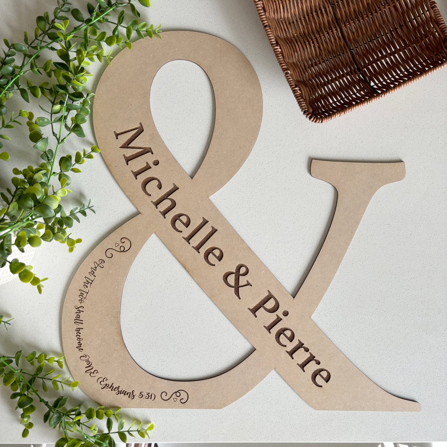 Wooden Wedding Sign Lasercut in the "&" Shape and Personalized with Names