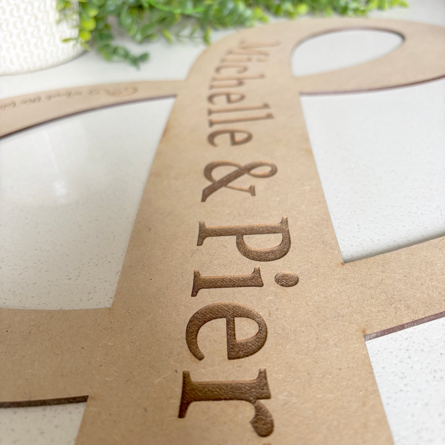 Wooden Wedding Sign Lasercut in the "&" Shape and Personalized with Names