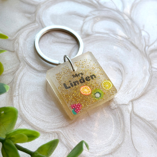 Personalized Resin Keyring for Teachers – Gold Glitter & Fruit Design