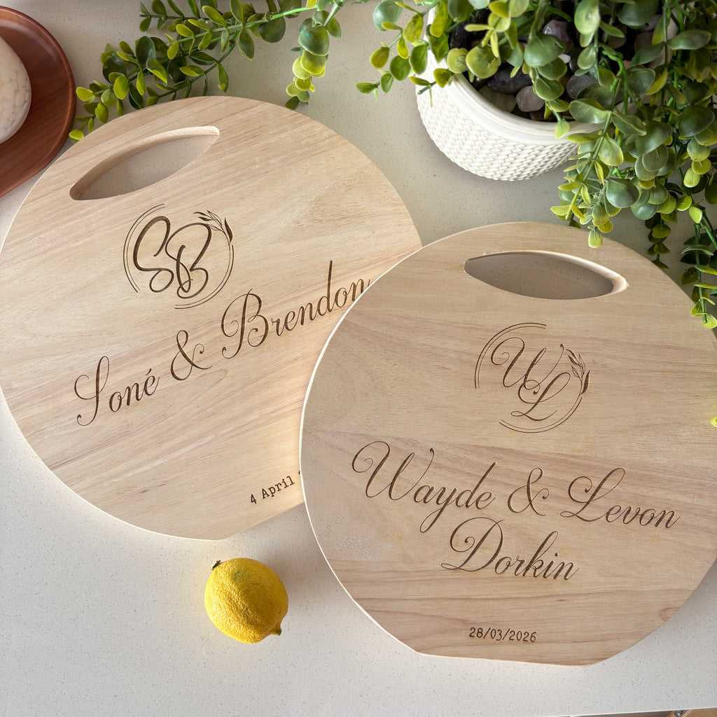 Round engraved personalised wedding cutting board