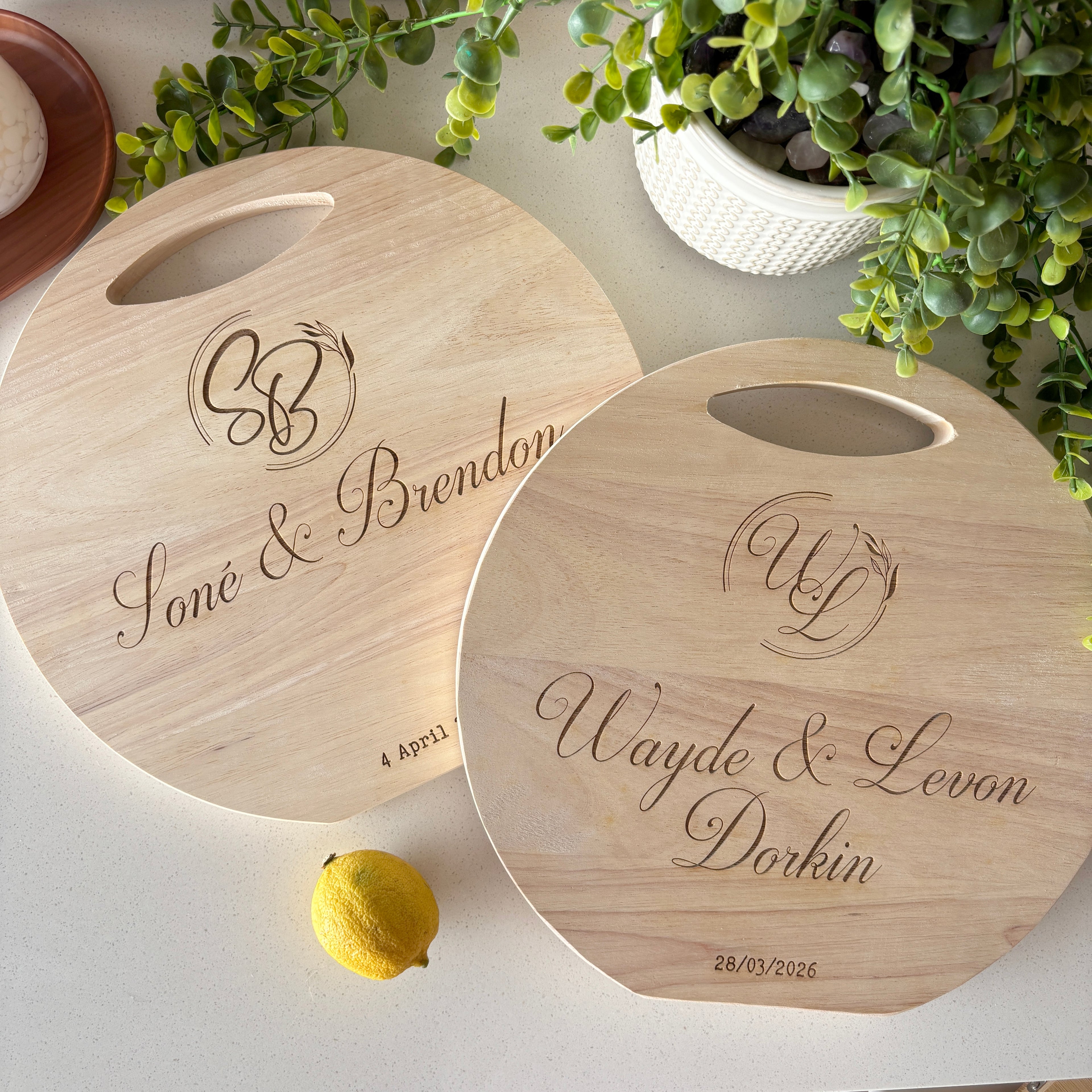 Round engraved personalised wedding cutting board