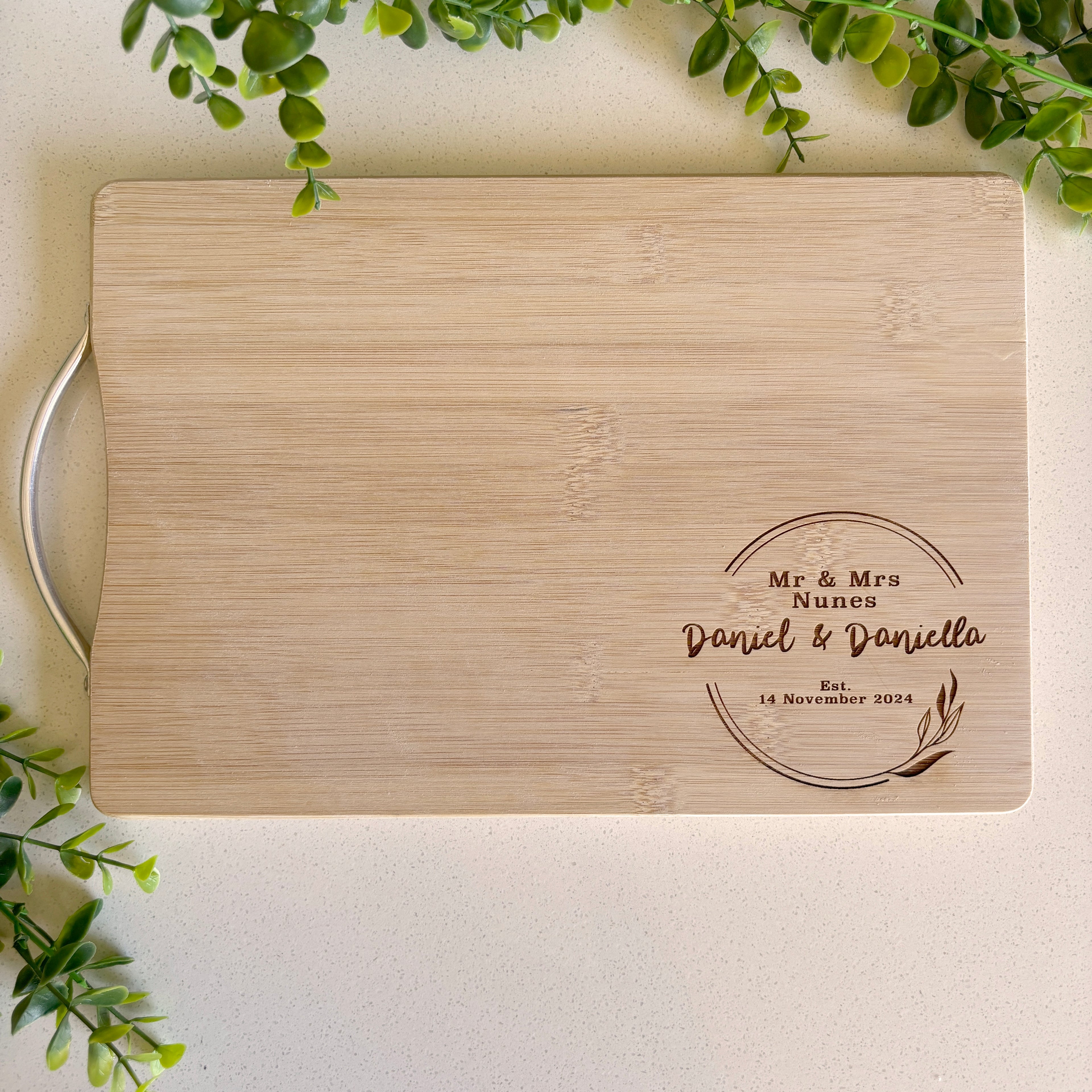 Wreath Engraved Cutting Board; Personalised Wedding Gift