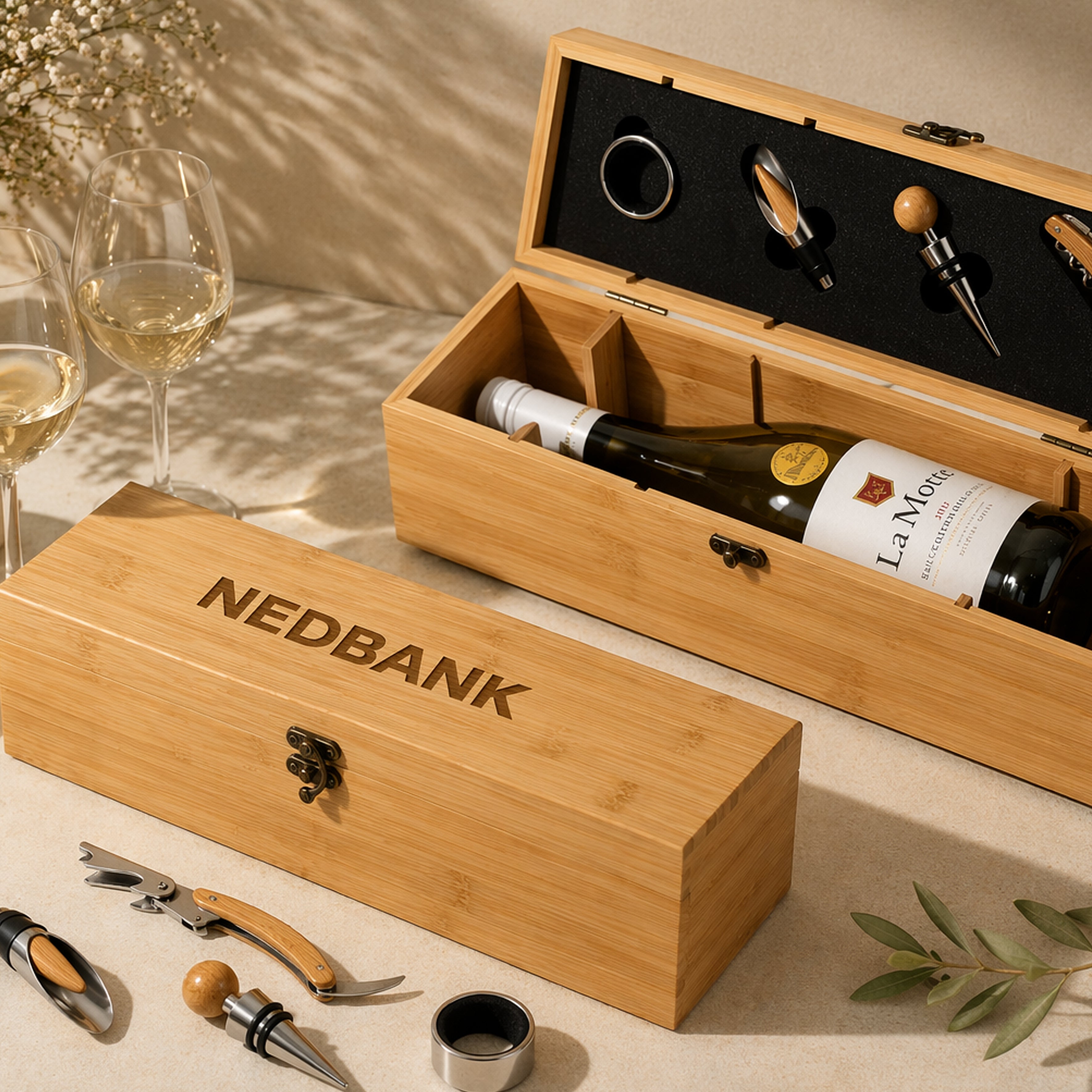 Logo Engraved Luxury Bamboo Wine Gift Set; Corporate Gifts for Companies