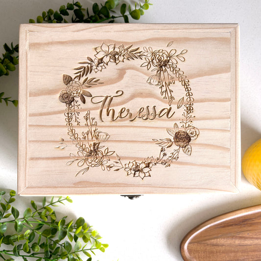 Personalized Keepsake Box with Flower Wreath Design