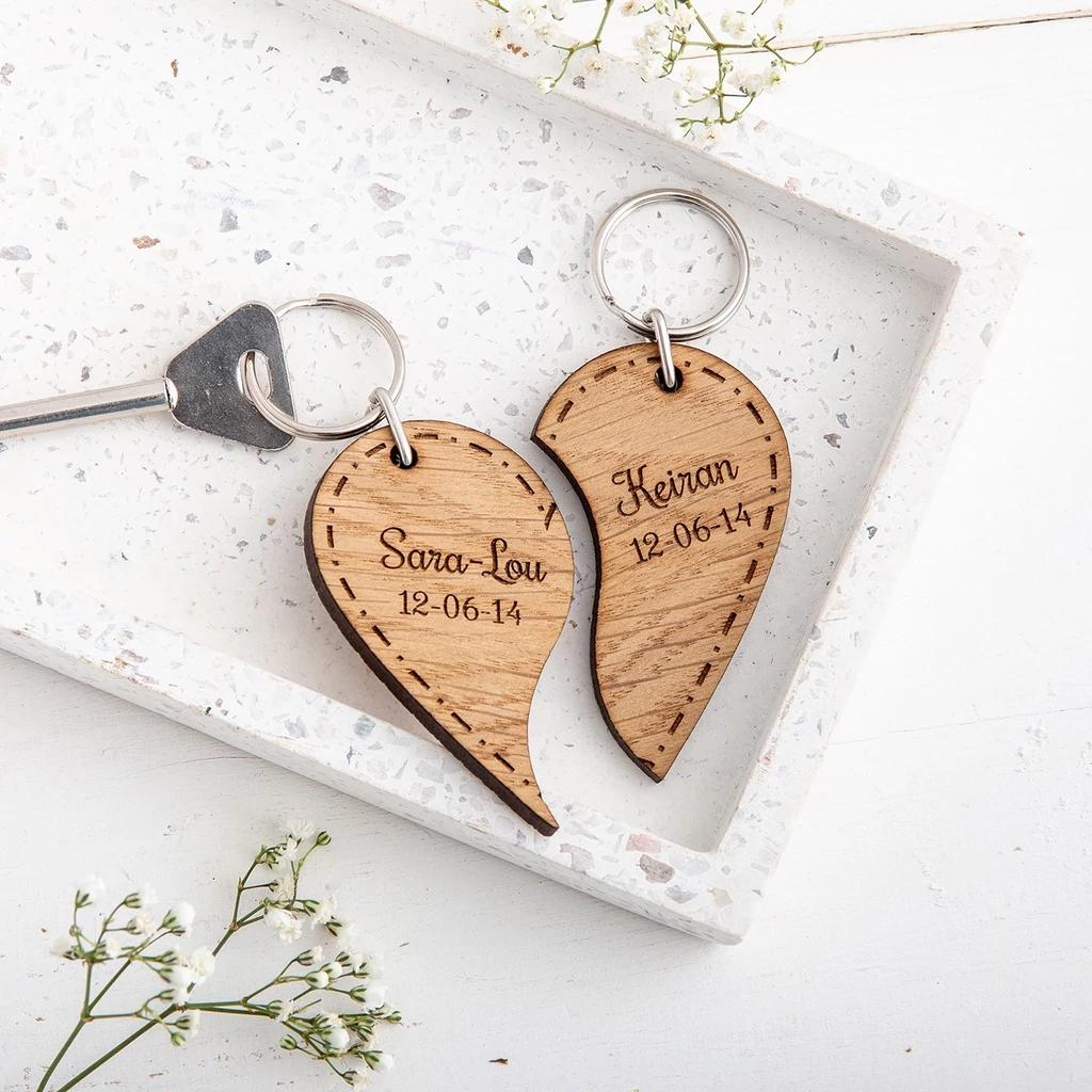 Couples Split Heart Keyrings - Personalised with names and date