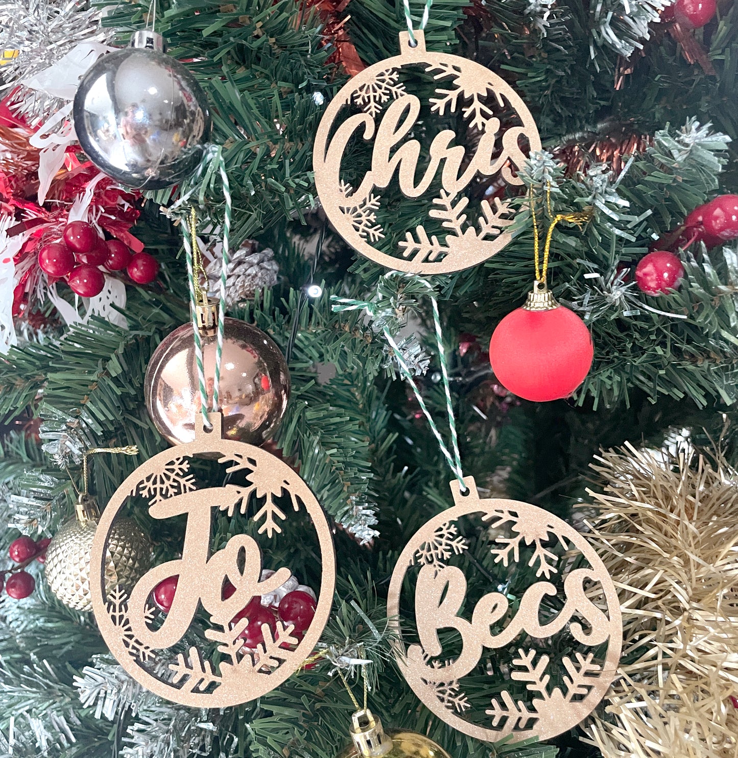 Personalised name cut out wooden snow bauble
