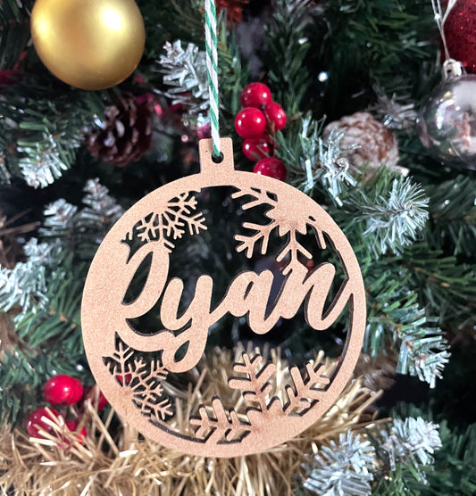 Personalised name cut out wooden snow bauble