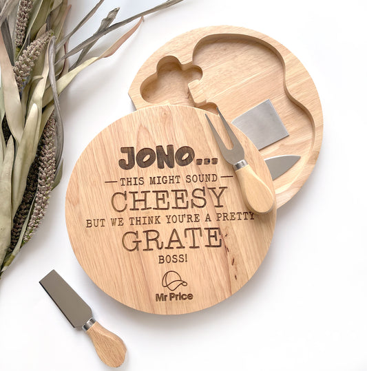 Boss's Engraved Cheese Board with utensils