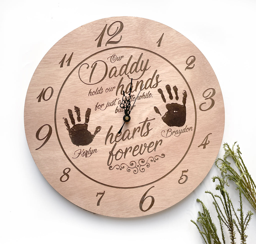 Personalised Daddy Wooden Clock with Baby Foot or Handprints
