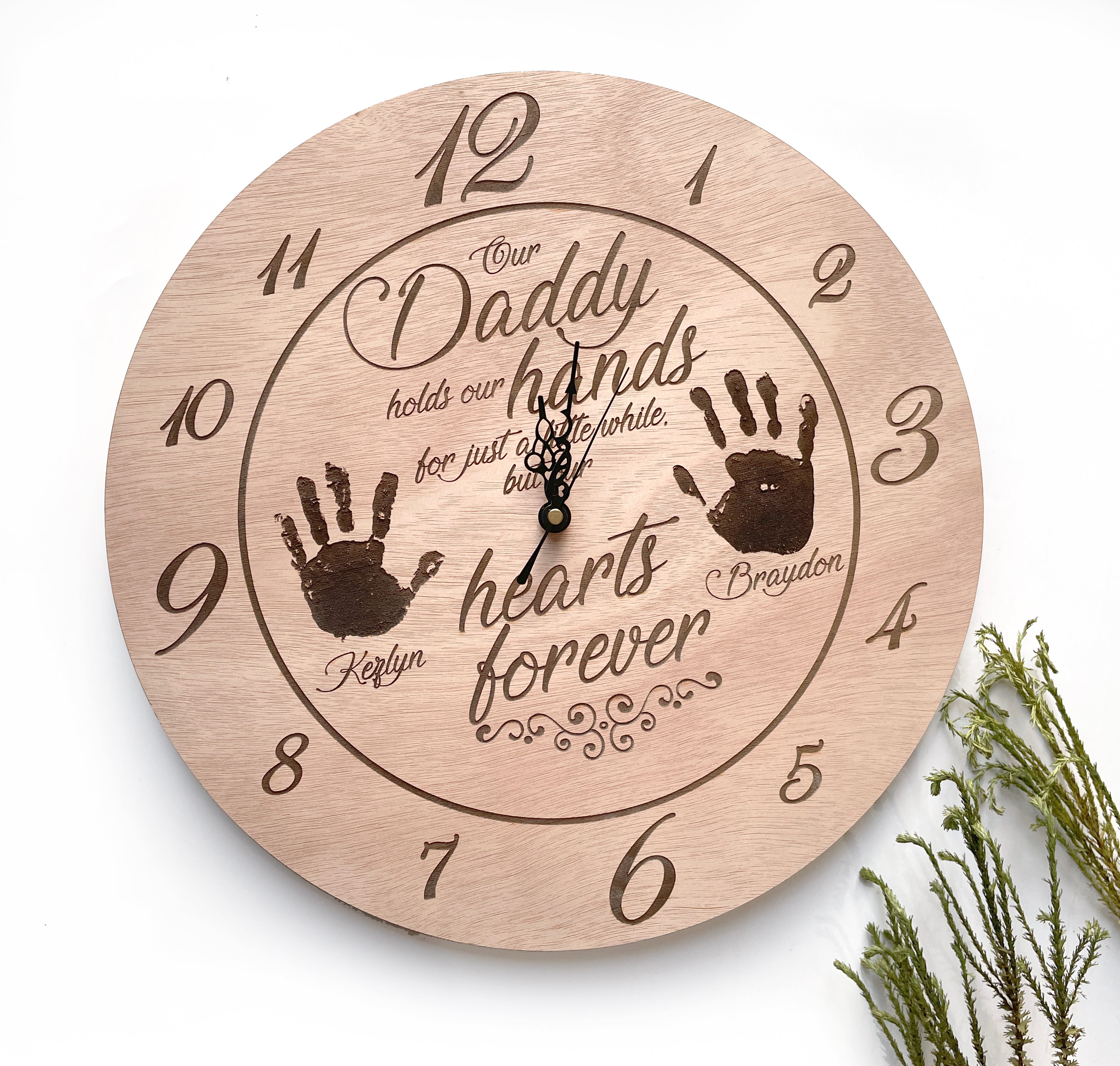 Personalised Daddy Wooden Clock with Baby Foot or Handprints