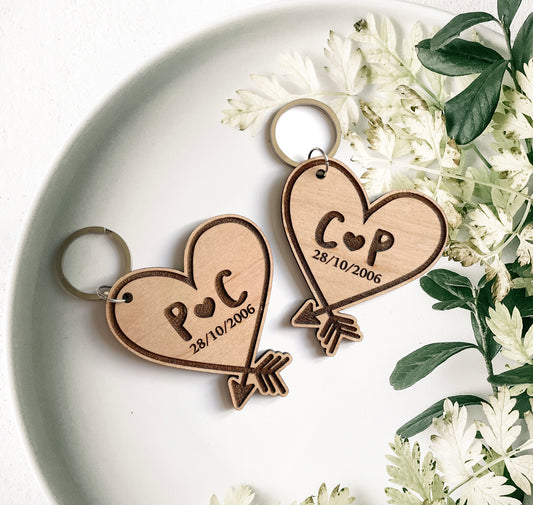 A pair of Heart Keyrings - Personalised with initials and date