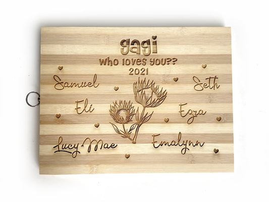 "Who Loves you" engraved personalised cutting board